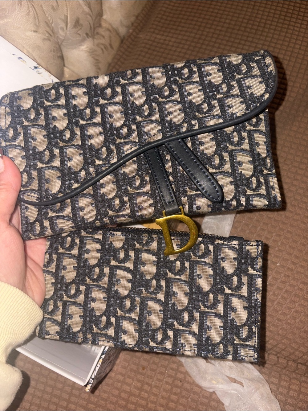 Dior Beige & Black Monogram Card Holder purse with coin holder Gold D Accent